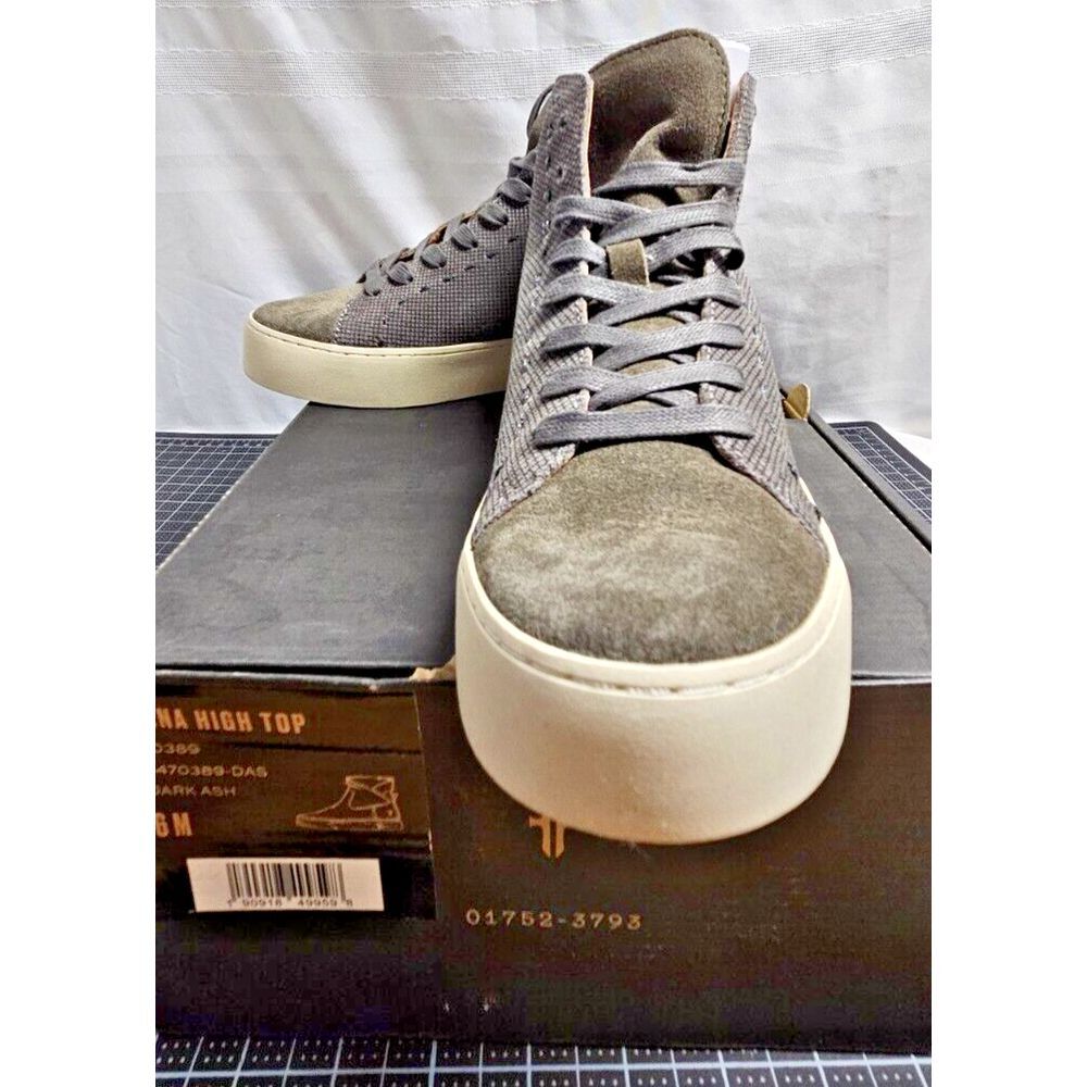 Frye Women's Lena High Top Sneaker soft leather plaid print dark ash grey 6M